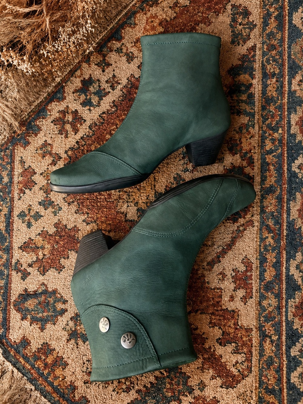 Arche Leather Ankle Boots Sz 40 , 9 Green Nubuck Stacked Heel Back Zipper France